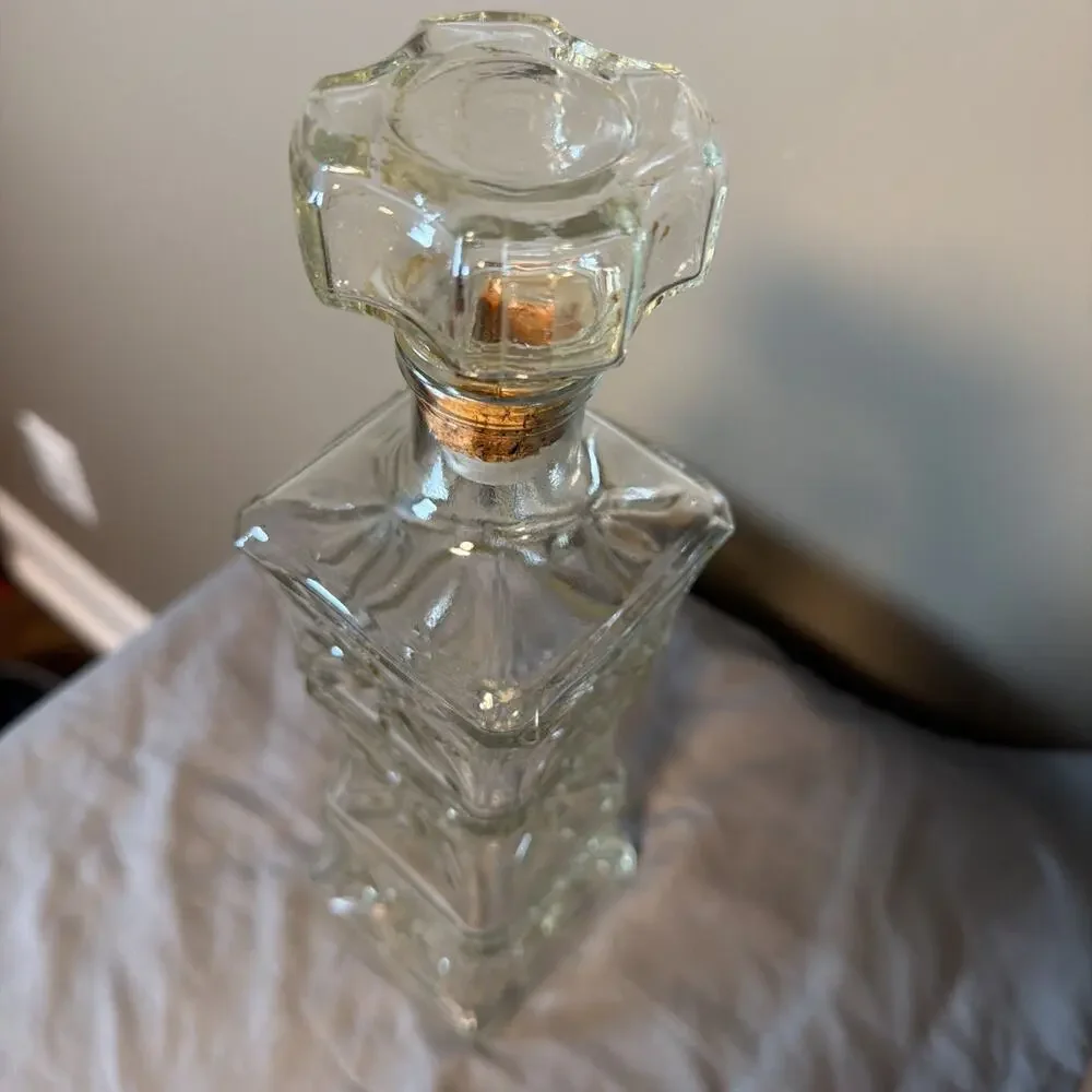Vintage 1960 Cut Glass Liquor Decanter Cork Stopper Mid Century Barware GW993